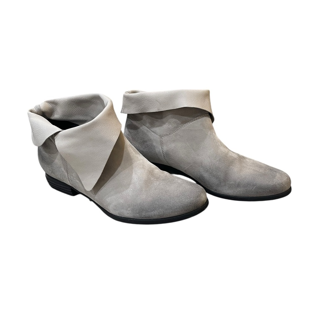 Dee Keller “Elsy” Gray Suede Fold-Over Ankle Boots